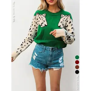 Women’s leopard-print off-shoulder sweater, autumn–winter casual long-sleeve crewneck jumpsuit sweater, Christmas fashion women’s knit sweater GARMENTARY