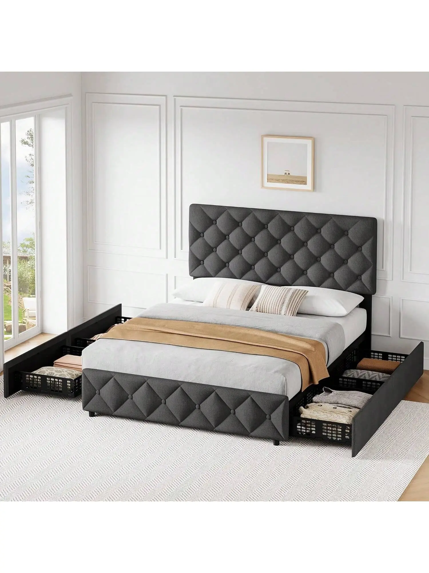 Dark Gray Double bed Frame With 4 Storage Drawers And Adjustable Headboard, Linen Upholstered Platform Bed Frame, Diamond Stitched Button Tufted, No Box Spring Needed