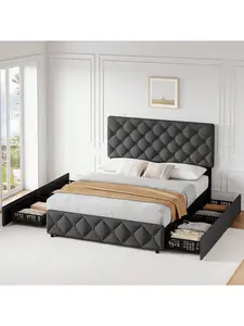 Dark Gray Double bed Frame With 4 Storage Drawers And Adjustable Headboard, Linen Upholstered Platform Bed Frame, Diamond Stitched Button Tufted, No Box Spring Needed