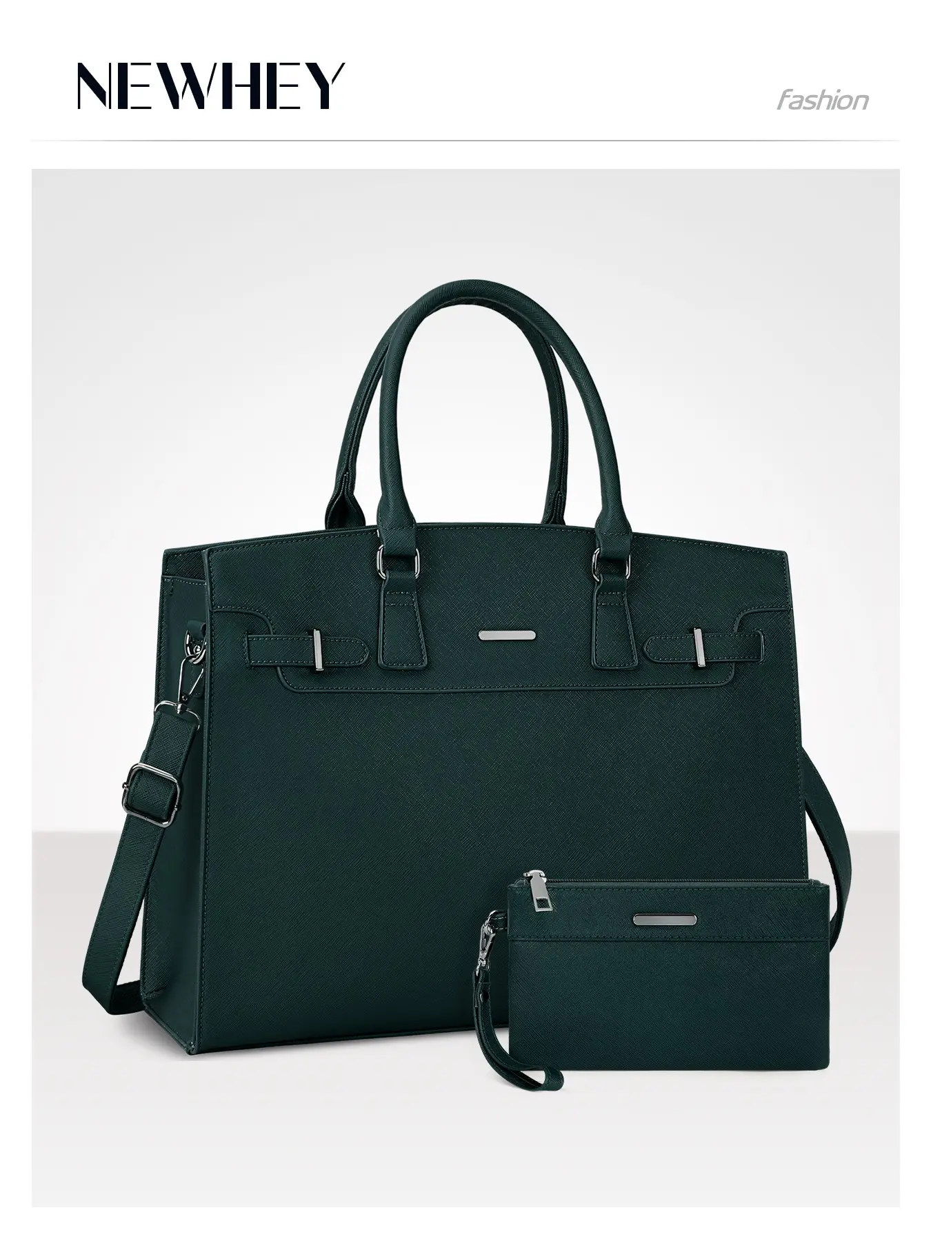 WOMEN'S 15.6 INCH LAPTOP TOTE BAG WATERPROOF PU LEATHER WORK BRIEFCASE Zip WITH DETACHABLE CLUTCH, BLACK GREEN BROWN PURPLE