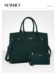 WOMEN'S 15.6 INCH LAPTOP TOTE BAG WATERPROOF PU LEATHER WORK BRIEFCASE WITH DETACHABLE CLUTCH, BLACK GREEN BROWN PURPLE