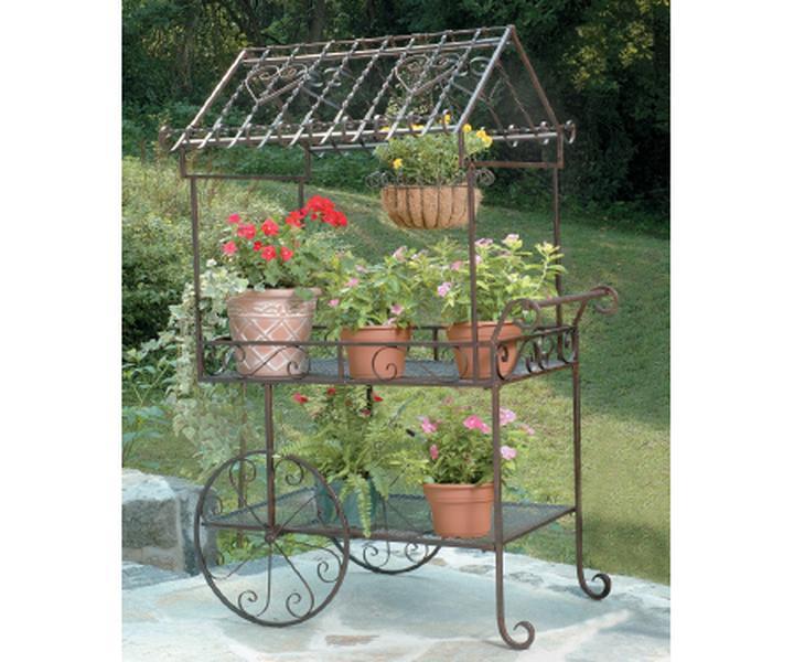 Deer Park D68-TC104 Large Floral Metal Frame Flower Cart, 2-Level Vertical Gardening Raised Planter Stand - Portable, Weather Resistant, Natural Patina, Outdoor Decor, Home Improvement Garden Supplies
