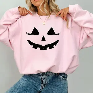 Smiling Jack O’Lantern Sweatshirt, Cute Pumpkin Face Crewneck, Girly Halloween Sweater, Spooky Season Outfit for Women