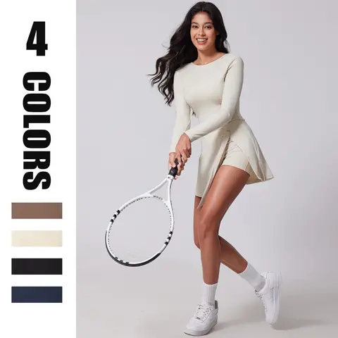 Kabuer Women's Long-Sleeve Workout Dress - 92% Nylon 8% Elastane Above-the-Knee High-Stretch Knit Sports Dress, Ruffle Side Slit, Built-in Shorts, Machine Washable, Ideal for Yoga & Golf