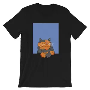 Men's sleepy cat Graphic T-Shirt - Short Sleeve Crew Neck Regular Fit Casual Wear | Soft & Breathable Fabric, Durable Print, Everyday Comfort, Machine Washable, cartoon cat resting with closed eyes against a blue background