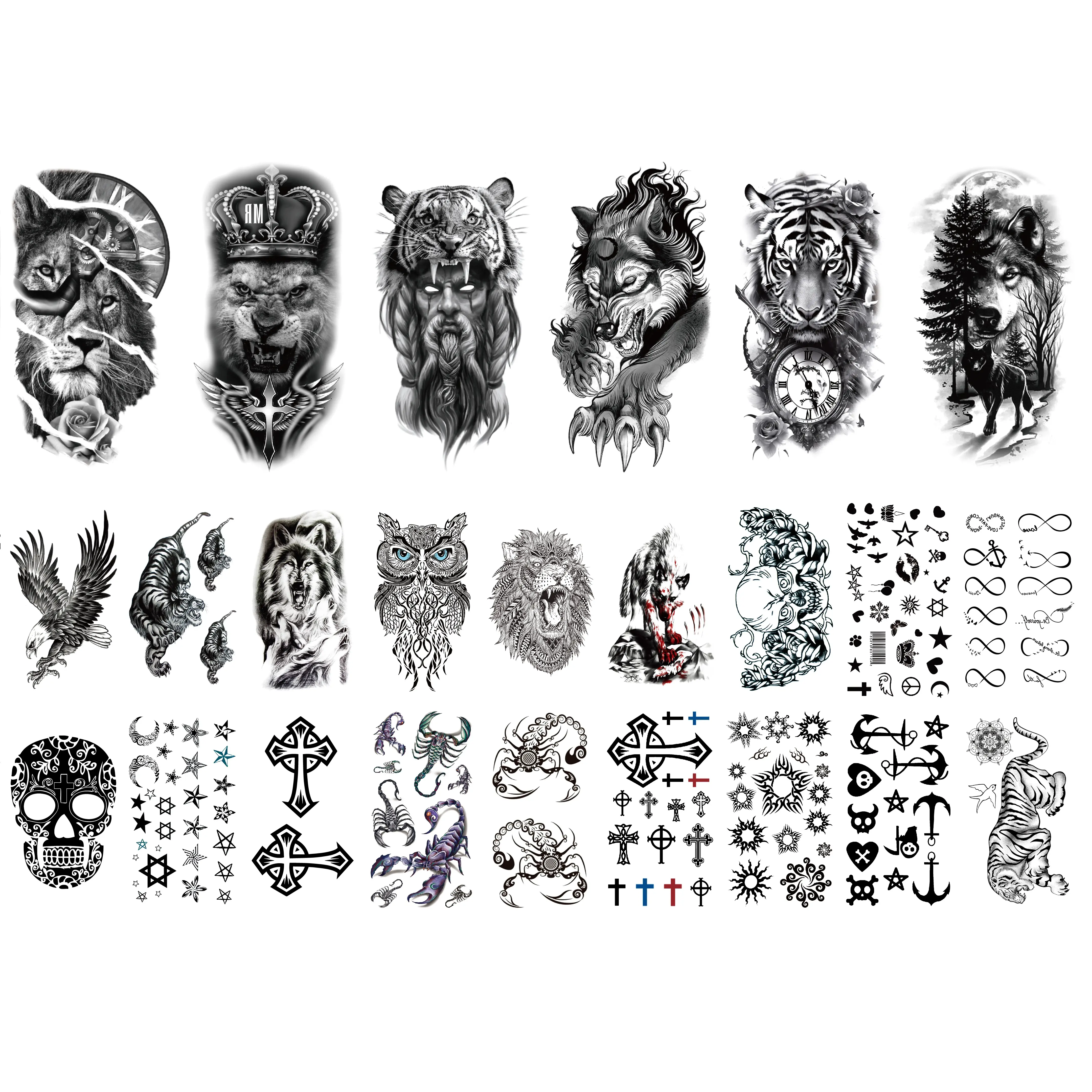 24 Sheets Waterproof Temporary Tattoo : ,Long Lasting Forearm Designs Animals & Flower, Wolf, Tiger, Lion, Owl, Skeleton Skull - Perfect for Halloween