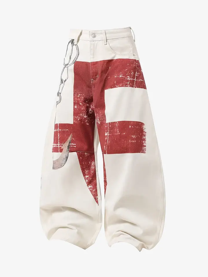 Vintage Distressed Chain Print Oversized Canvas Baggy Pants Cargo Trousers Fit