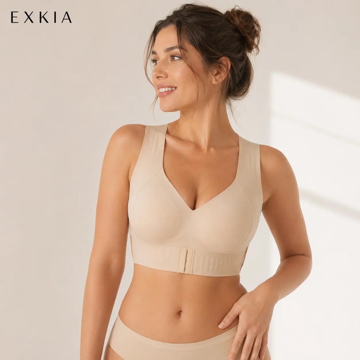 【Postural correction】Women’s Beige Wireless Bra, Soft Breathable Non-removable Moulded Cups, Yoga Fitness Sportswear for Gym & Daily Training Breathable Comfy Bra Posture Shaping Bra