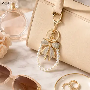 Pearl Bow Keychain Rhinestone Bow Keychain Pearl Keychain Gold Bow Keychain Beaded Keychain for Women Everyday Use Gift