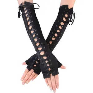 JISEN Women's Fingerless Lace-Up Elbow Arm Warmers - Punk Fashion Gloves, Steampunk Costume Accessory, Cold Wash Compatible