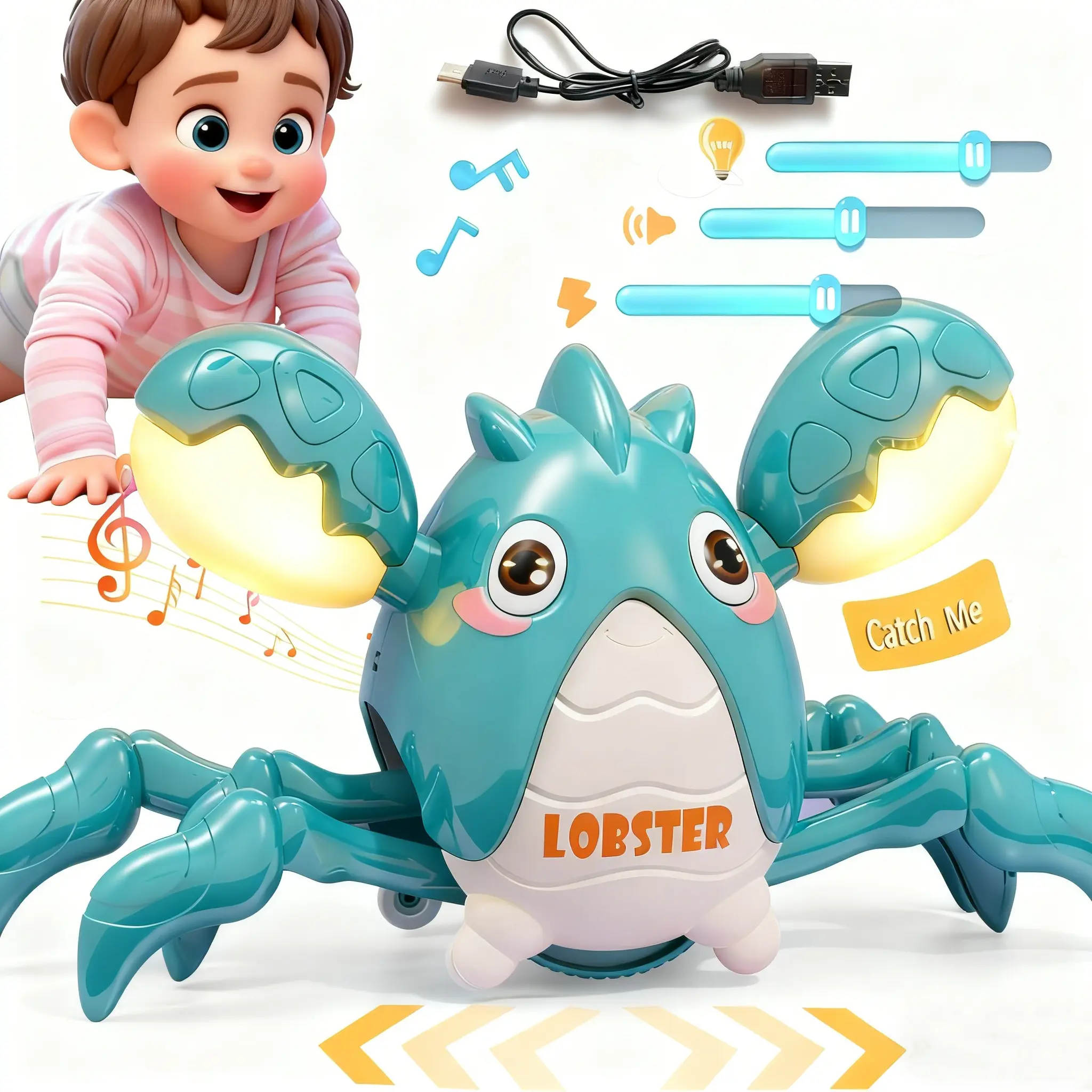 Cute Moving Dancing Lobster Toy Musical Light Up Crawling Sensory Tummy Time Toy Early Development Gift for 12-36 Months Infant Toddler Boys Girls First Birthday, Unisex