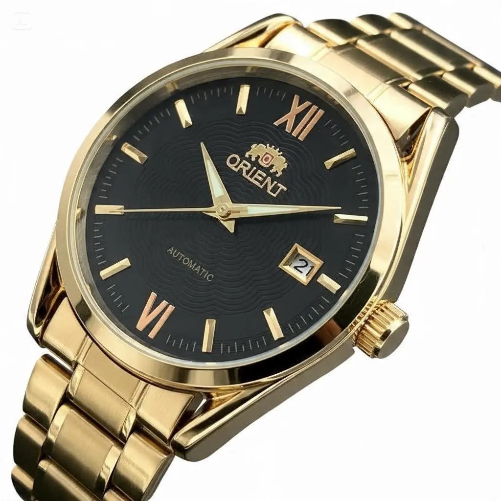 Orient Men’s Round Automatic Watch - Gold-Tone Stainless Steel Bracelet, Luminescent Roman Numeral Markers, Wave Texture Dial, Date Window, Self-Winding Mechanical Dress Wristwatch for Gentlemen
