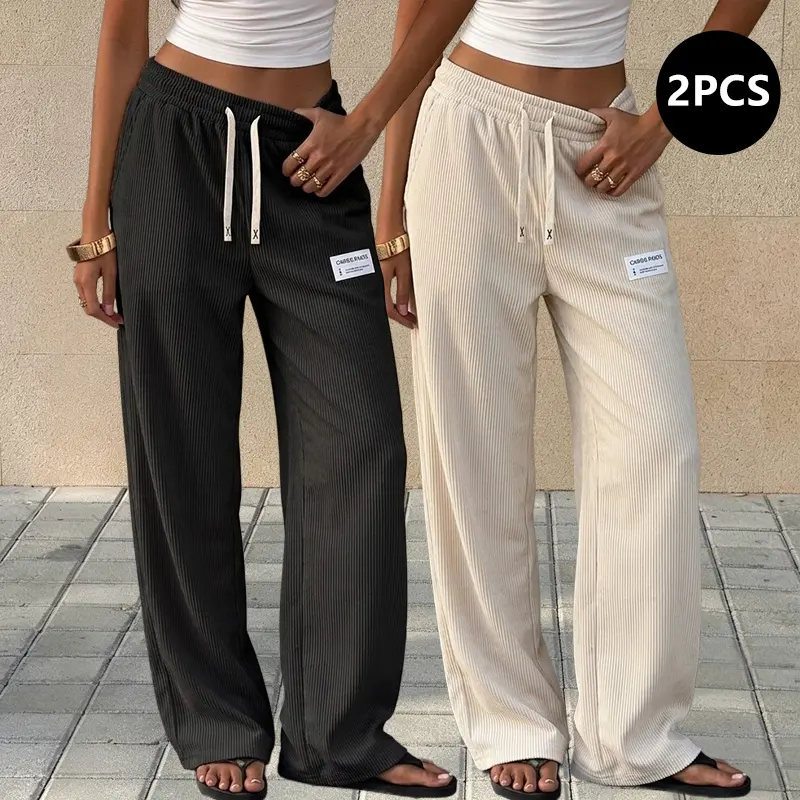 Women’s corduroy wide-leg drawstring pants, 2-pack — casual streetwear trousers for home lounging and street outings, suitable as relaxed-fit casual bottoms for work.