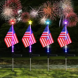 2pcs Solar Powered LED Lighting+USA Flag,July 4Th Outdoor Decorative Lights, Patriotic Theme, Red, White, And Blue National Flag Shaped Solar Lights, 7 Colors Changing Star Solar Light Suitable for Patios, Paths, Lawns, Cemeteries,Garden,Holiday,Christmas