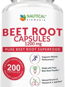 Beet Root Capsules, 1200mg Per Serving, 200 Beet Root Powder Capsules, Supplement Blood Pressure, Boost Performance, Digestion, Immunity Edible