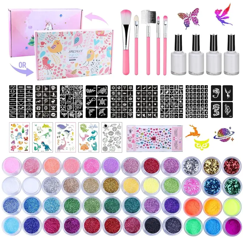 Temporary Glitter Tattoo Kids Kit 48 Colors 209 Stencils 4 Glue 5 Brushes Gel Makeup Set for Body Nail Arts Gifts for Girls Boys Adults Birthday - Cosmetic