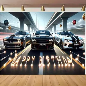 1pc 2D Flat Racing Cars Happy Birthday Banner, Polyester Fabric, /inch, Car Themed Party Decoration, No Electricity Needed, for Birthday, Tailgating, General Celebrations