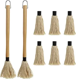 2 Pack BBQ Basting Mop with 6 Extra Replacement Heads, Grill Basting Mop Wooden Long Handle  for BBQ Grilling  Steak (18.2 Inch)
