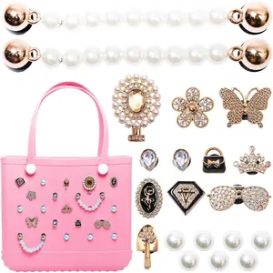 21pcs Charms for Bogg Bag Accessories, Flowers Butterfly Pearls Chains Rhinestone Accessories Charms for Insert Beach Tote Bags Compatible With Bogg Bag