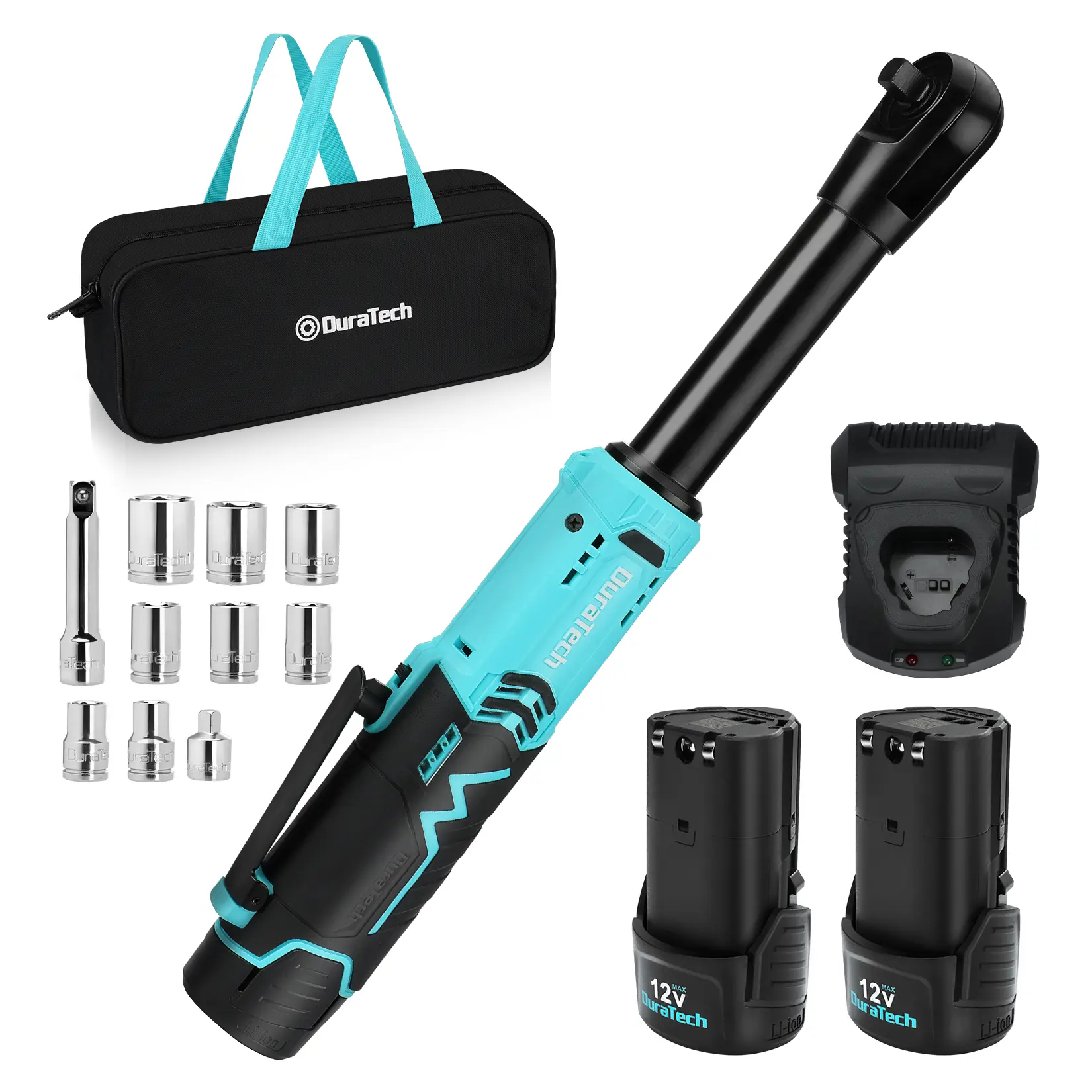 #summersale DURATECH Extended Cordless Ratchet Wrench, 3/8" 12V 44 Ft-Lbs Long Neck Electric Ratchet Wrench with 2-Pack 2.0Ah Li-Ion Battery, 1 Hour Fast Charger, 10 Sockets Accessories & Variable Speed Trigger