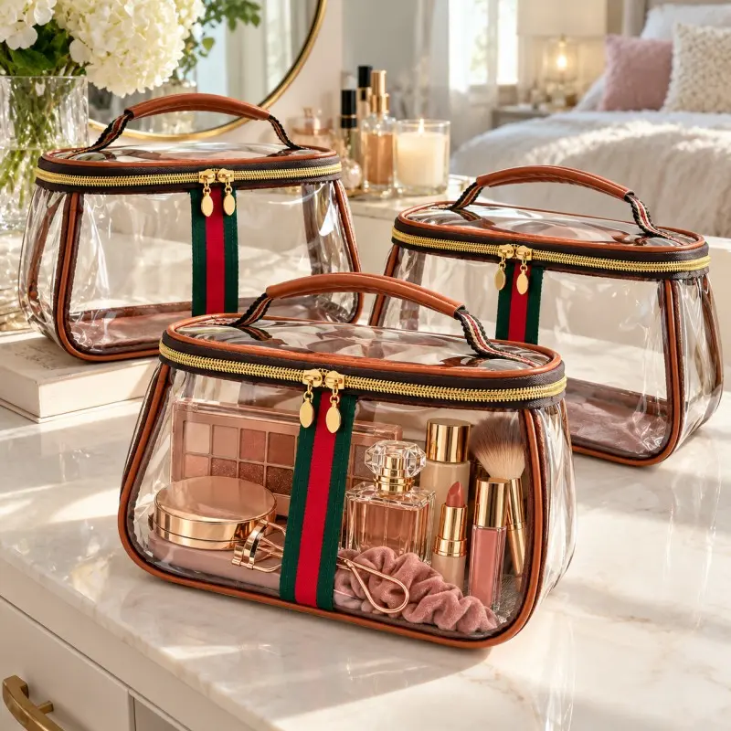 Vintage Travel Makeup Bag Set for Women, Brown Vanity Cosmetic Organizer with Clear Toiletry Pouch, Large Capacity Skincare and Beauty Storage