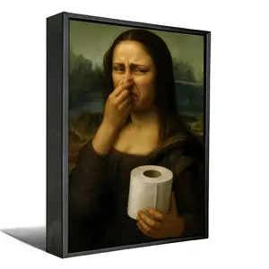 Funny Mona Lisa Bathroom Canvas Wall Art Humor Amusing Toilet Art Pinching Nose Painting Picture Wall Decor Celebrity Classical Vintage Poster Print Artwork forBathroom Restroom Home Decoration Framed
