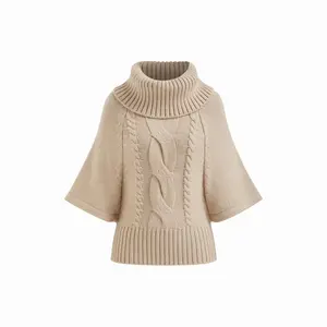 Cider Women's Oversized Cable Knit Wool-Blend Turtleneck Mid-Length Sleeve Top