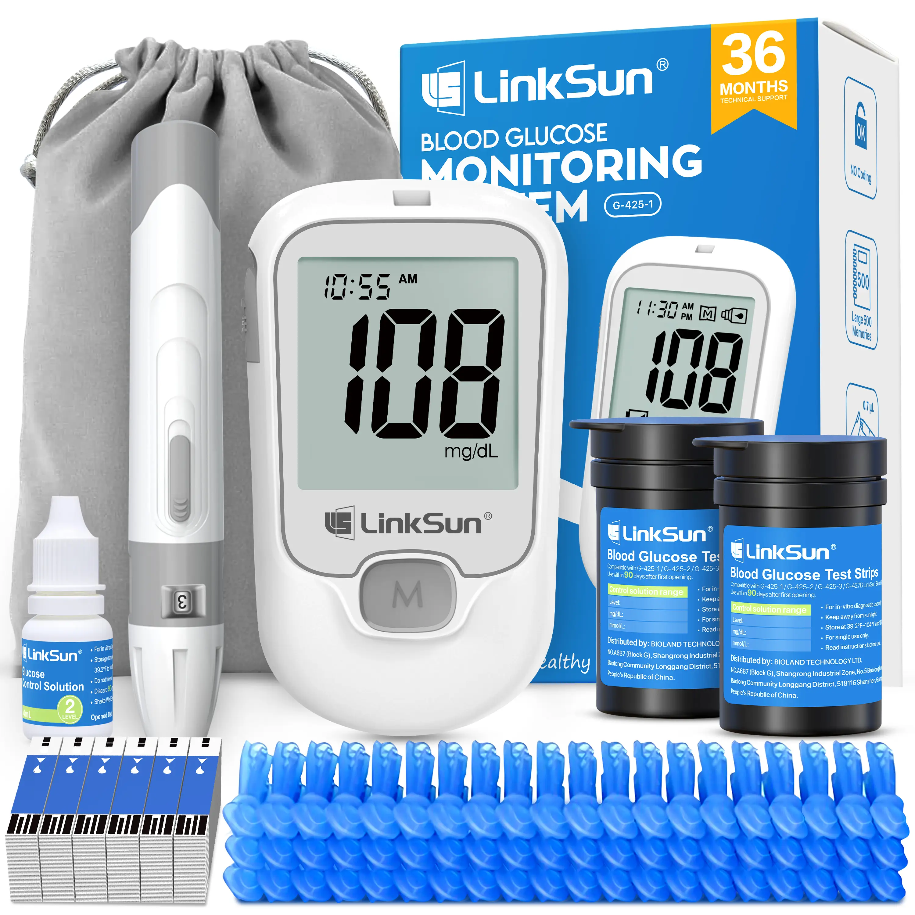 Linksun G-425-1 Blood Glucose Monitor Kit, 100/50 Test Strips &100/50 Lancets, 1 Blood Sugar Monitor, 1 Lancing Device, Diabetes Testing Kit, No Codin