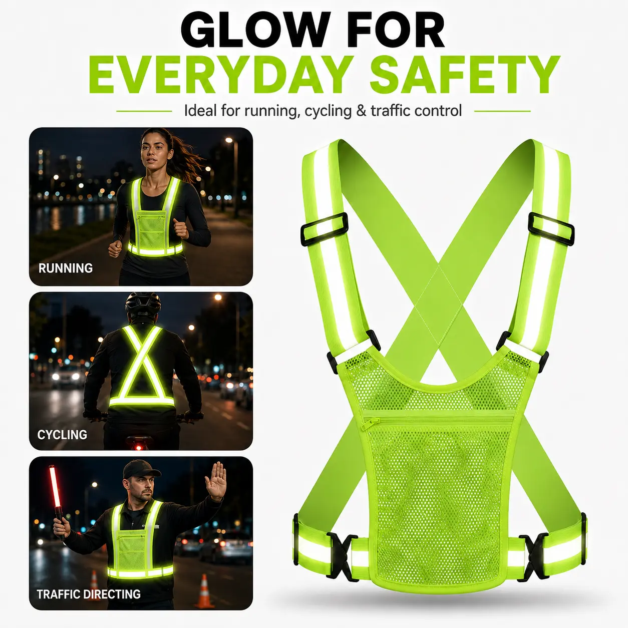 Adjustable Reflective Running Vest with Zipper Pocket, High Visibility Safety Harness for Night Running Cycling Walking, Road Traffic Safety Gear