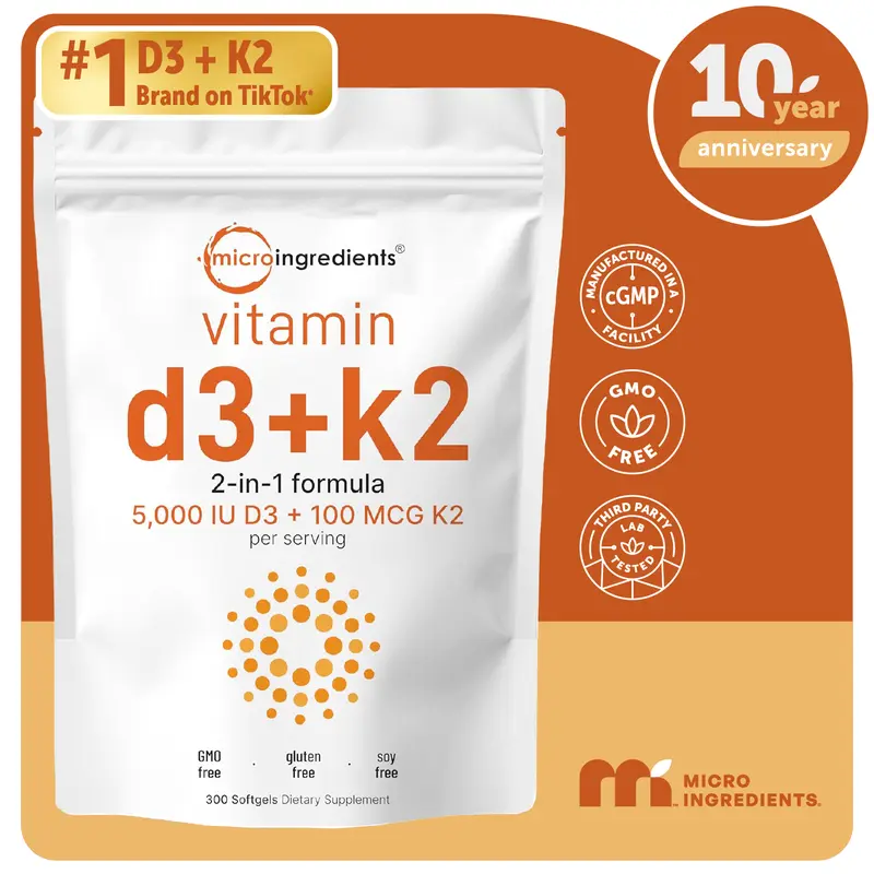 Micro Ingredients Vitamin D3 K2 5000IU Softgels | Infused with Sunflower Seed Oil, Vitamin K2 MK7 + Vitamin D Supplement, Non-GMO, No Gluten