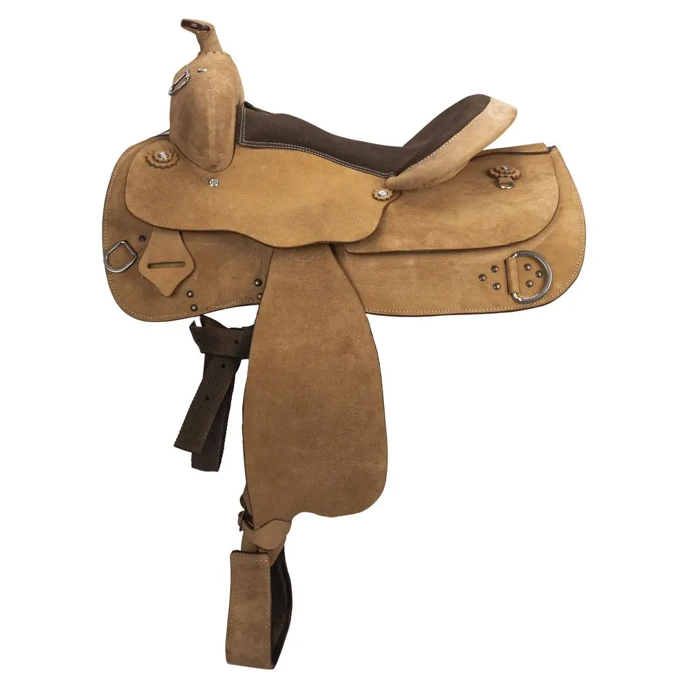 Double S Western Saddle - Lightweight, Fiberglass Tree, Hand-Shaped Seat for Work, Trail Riding (Short Skirt Design), Comfortable Ride, Easy To Manage, Long Trail Rides, Nylon Tie Strap, Off Billet Suede Seat