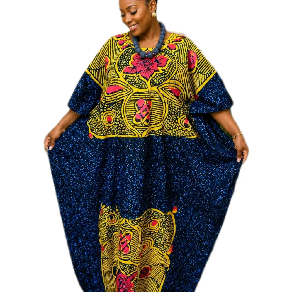 Women's Adhire Long Batik Boubou Maxi Dress - Multicolor Tie Dye Floor-Length Lady's Cotton Clothes, Breathable Casual Elegant Daily Wear (Boubou Bassam), Women's Clothes