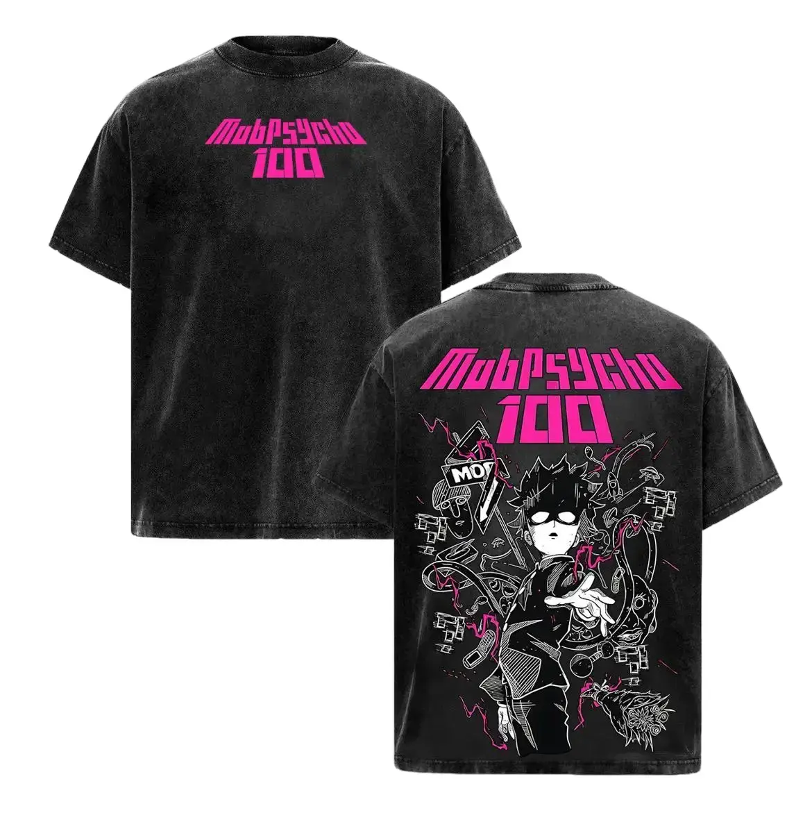 Men's Mob Psycho 100 Shigeo Kageyama Graphic Tee - Vintage Washed Oversized Heavyweight Cotton Unisex Menswear Tops, Classic Short-Sleeve Casual Streetwear