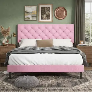 Modern Linen Upholstered Platform Bed Frame, Button Tufted Headboard Design, Sturdy Structure No Box Spring Required, Quick Easy Assembly, All Sizes & Multi Colors for Home Bedroom