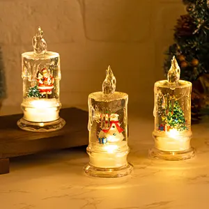 Water Filled Transparent LED Candle Lights, Santa Snowman Snowfall Atmosphere Lamp, Christmas Night Light, Holiday Decorations, 3 Pcs