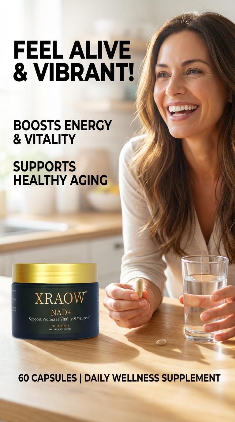 XRAOW NAD Supplement with Resveratrol NMN Alternative 30-Day Supply Advanced NAD+ Third-Party Tested for Quality and Safety Vitamin Healthcare Edible Fitness