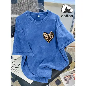 Men's Aesthetic Stretch Cotton T-Shirt - Round Neck, Shortsleeve, Vintage Streetwear, Retro Wash, INS-Inspired Leopard Print Heart, Elegant Loose Casual Top, Summer Essential