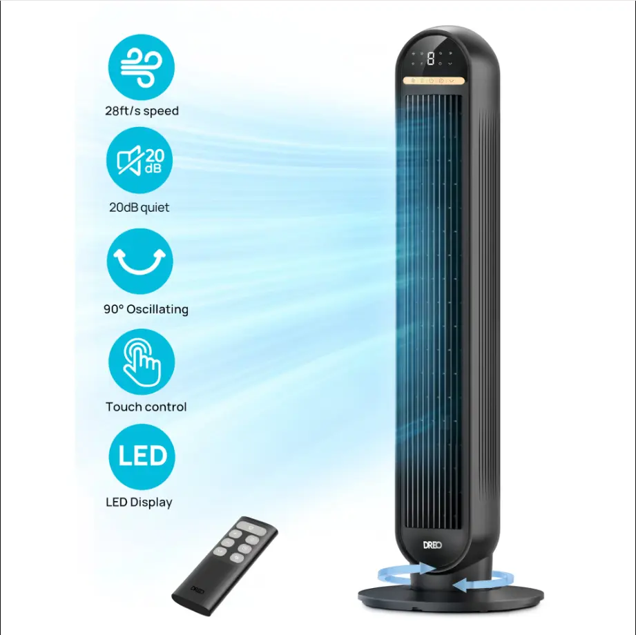 DREO 36" Tower Fan, 20dB Ultra Quiet Fans for Home, 8 Speeds & 4 Modes, 28ft/s Powerful Airflow, 90° Oscillating Standing Fan with Remote, 8H Timer, 2026 New Upgraded
