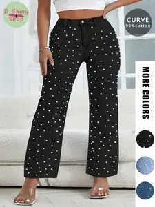 Women's Plus Size Pearl Rhinestone Jeans, Fashionable Slim-Fit Straight Leg Pants, All Seasons Plain Pattern Denim Clothing