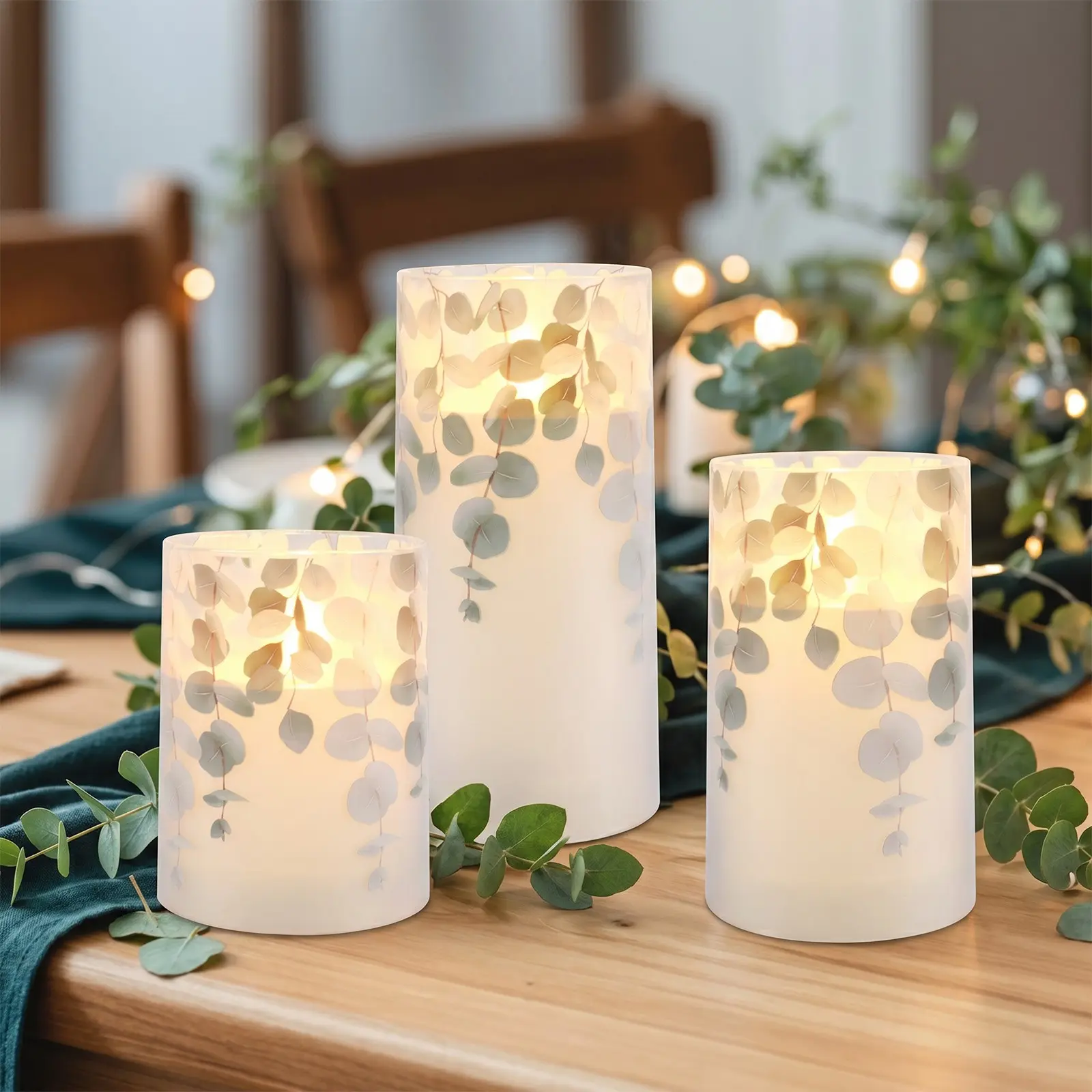 3-Pack Remote Control Timer LED Candles, Eucalyptus Leaf Sticker Flashing Plastic Candles, Battery-Powered for Home Holiday Decor, Led Decoration, Christmas LED Candle Lights