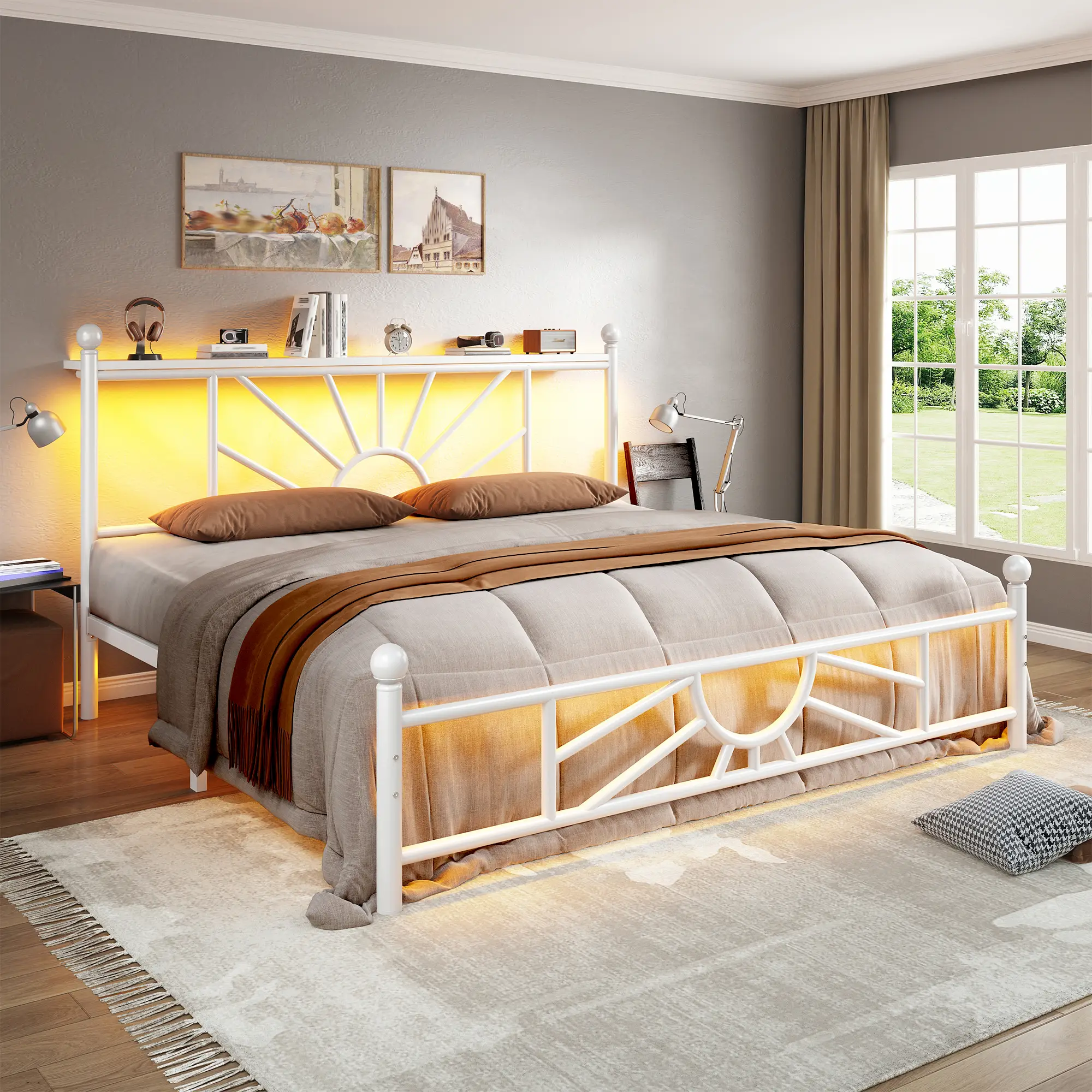 Raybee Queen Size Metal Bed Frame with Headboard & LED, NO MATTRESS, Full Size Bed Frame with Strong Metal Slats, No Box Spring Needed, Noise-Free, Ea