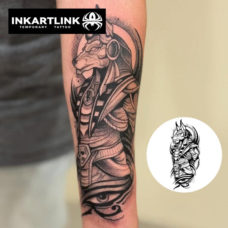 INKARTLINK Tattoo Tech, Anubis' Oath Series,2 Sheets Large Semi Permanent Tattoo, Adult Art Design Temporary Tattoos, Lasts 1-2 Weeks, Waterproof, Realistic Look, No Adhesive, No Reflection (Anubis Design)