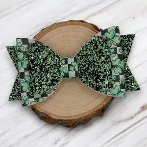 Checkerboard Clovers | Green Glitter Large Stacked Hair Bow