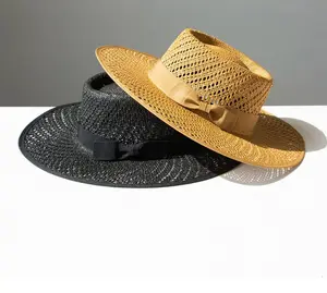 Wide Stiff Brim Straw Hat - Adjustable Straps, Sun Protection, Breathable Natural Grass, Unisex, 56-58cm Size