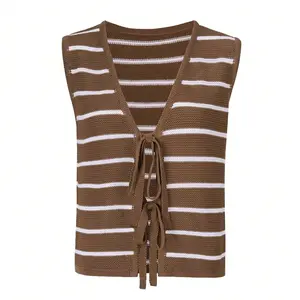 Women's Brown White Striped Knit Tank Top - Chic, Casual, Everyday Comfortable Sleeveless V-Neck Sweater Vest with Front Tie, Adjustable Fitted, Soft Breathable Lightweight Summer Knitwear for Beach, Brunch Vneck Womenswear