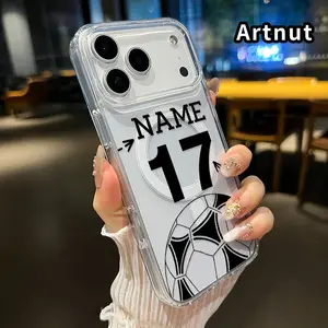 Transparent Phone Case for iPhone 17 Pro Max 16 Plus 15 14 13 12 11 Air E Soccer Name Seventeen Pattern Acrylic Back Silicone Edges Anti-Scratch Support Wireless Charging Back Cover for boy girl