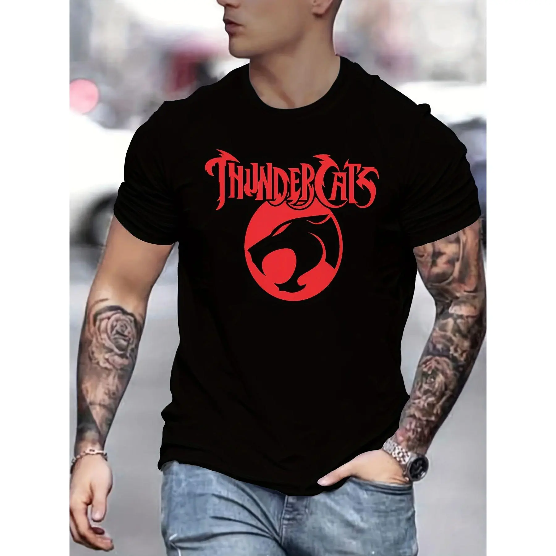 Men's Plus Size Thundercats Graphic Short-Sleeve Top - Bold Red Text, Circular Panther Logo, Seamless Fabric, Casual Streetwear Tee for Daily Wear, Perfect Gift for Graphic Tee Enthusiasts