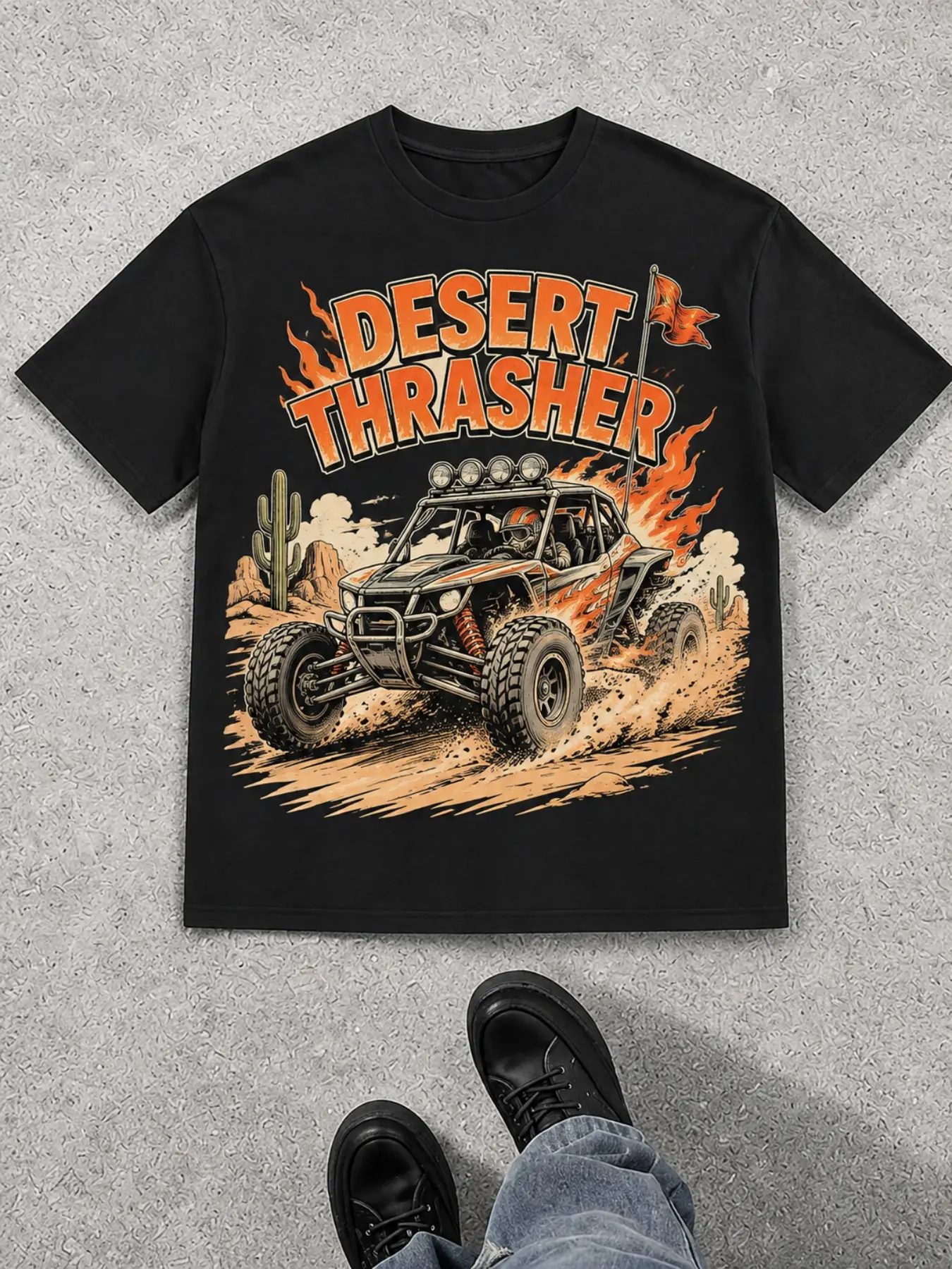 Desert Thrasher T-Shirt - Black Short Sleeve Crew Neck with Graphic Design, Casual Style for Men