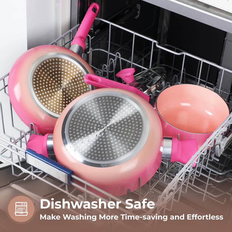 MGKKT Ceramic Cookware Sets 17 Pcs Non-Stick Pot and Pan Set with Oil Polymerization Design Healthy Non-Toxic Cooking RV Camping Stackable PTFE/PFOA Free Pink blackfriday black friday deals 2025 TiktokShopBlackFriday