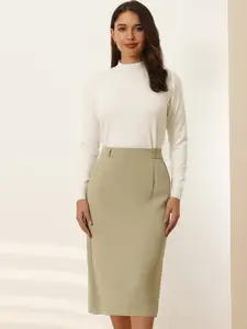 INSPIRE CHIC High Waist Split Back Basic Midi Pencil Skirt Khaki